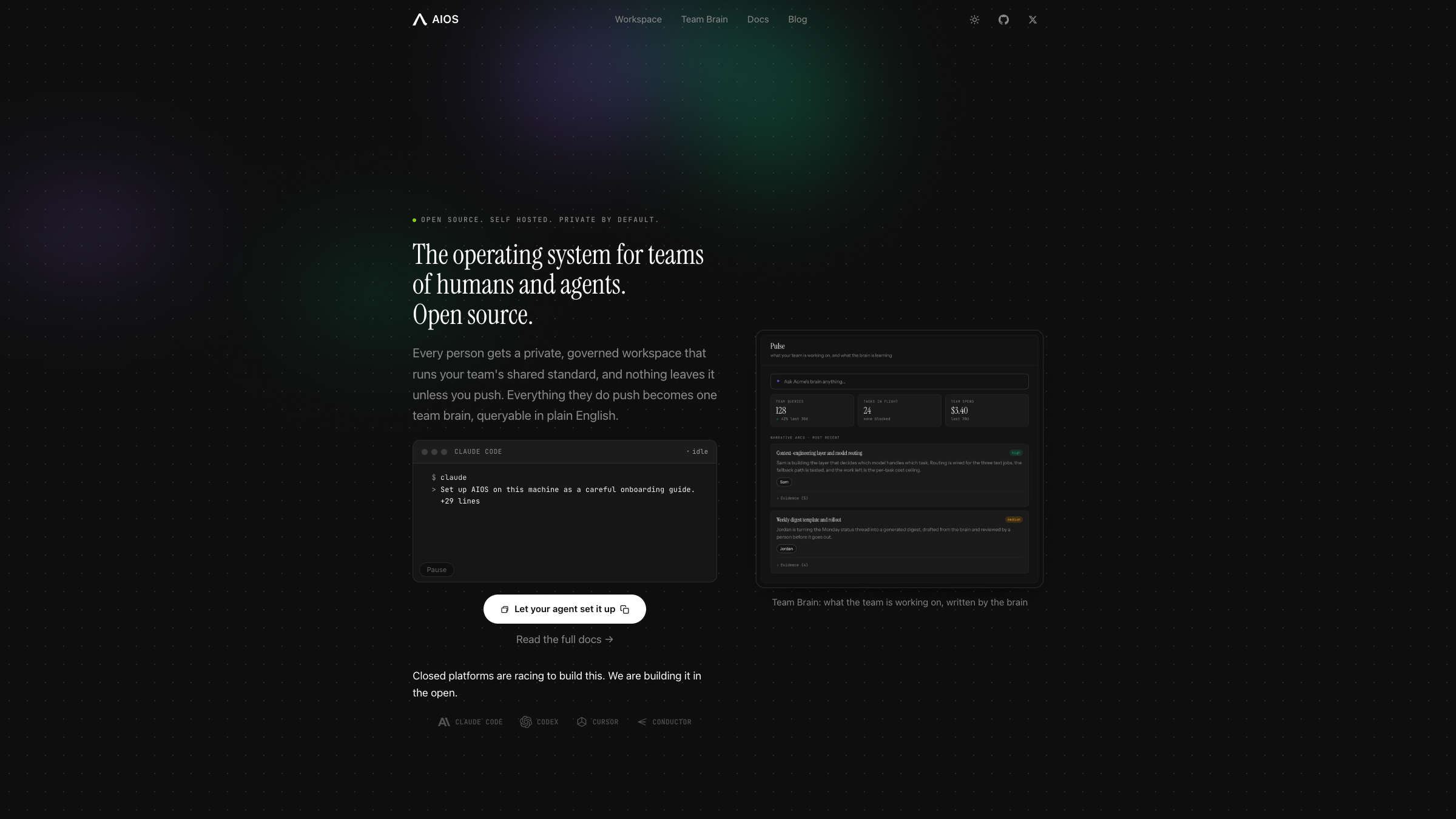 The AIOS homepage: open source, self hosted, private by default.
